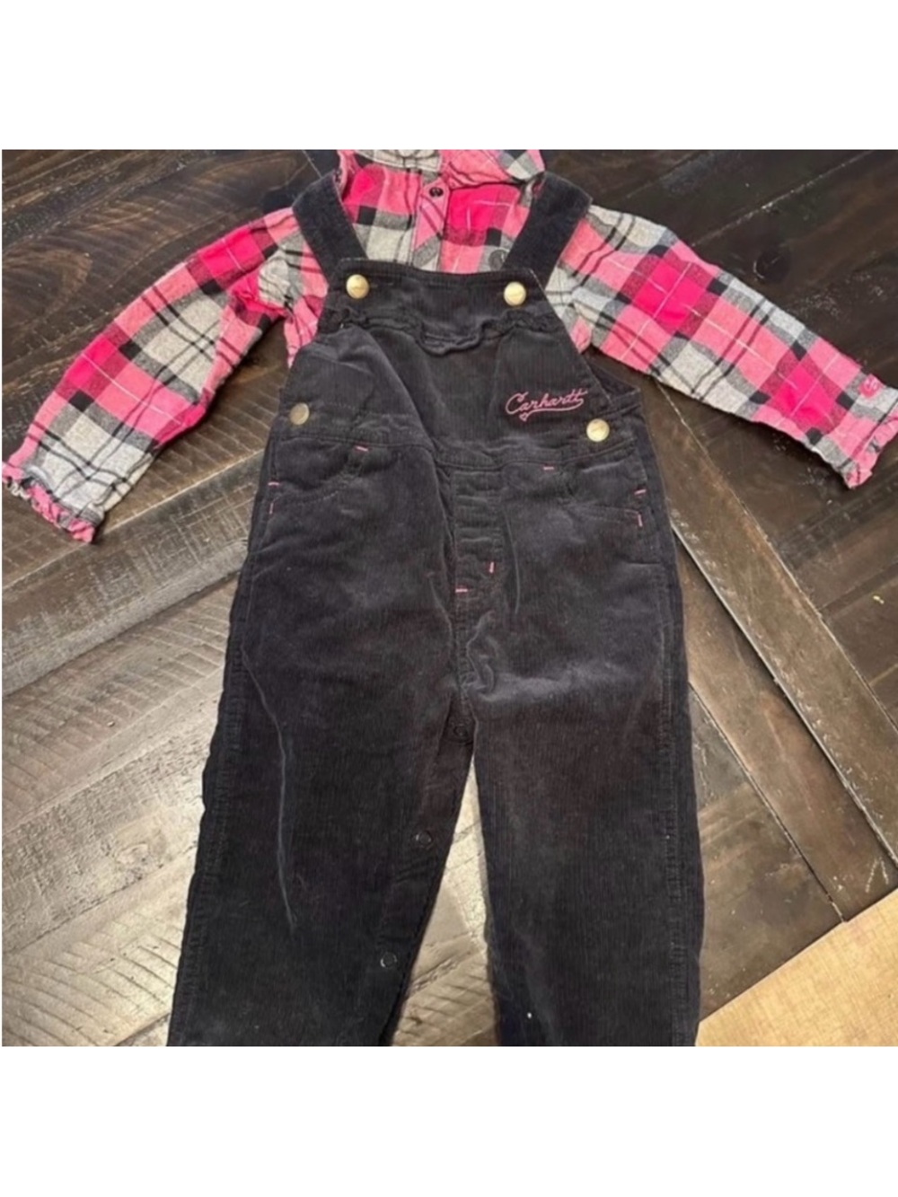 Carhartt 18m Black Corduroy Overalls with Pink Plaid Shirt Accent
